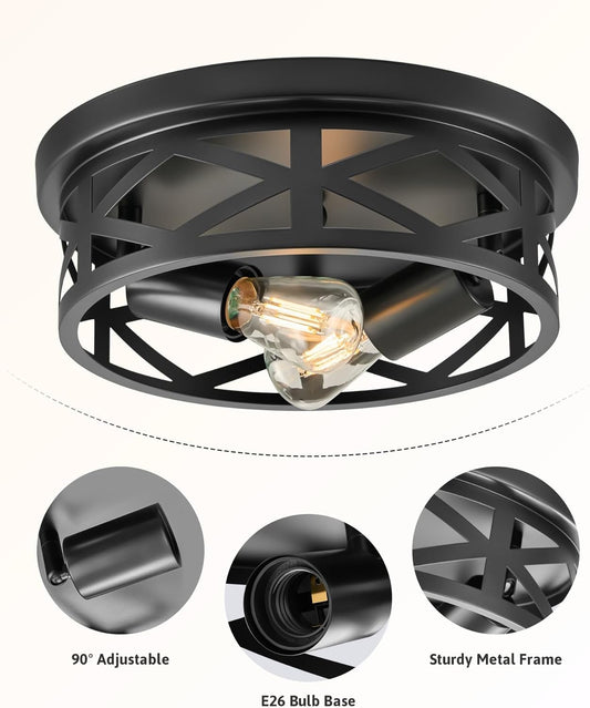 2-Light Flush Mount Ceiling Lighting Fixtures, 11-Inch Farmhouse Metal Cage Design for Hallways and Entryways, Adjustable Lamp Holders, Set of 2, Black Finish