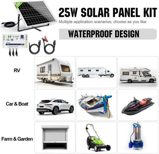 Complete Solar Power Kit, 25W 12V with 10A Charge Controller, Waterproof Solar Panel with SAE Connector - ReallyCoolChit.com