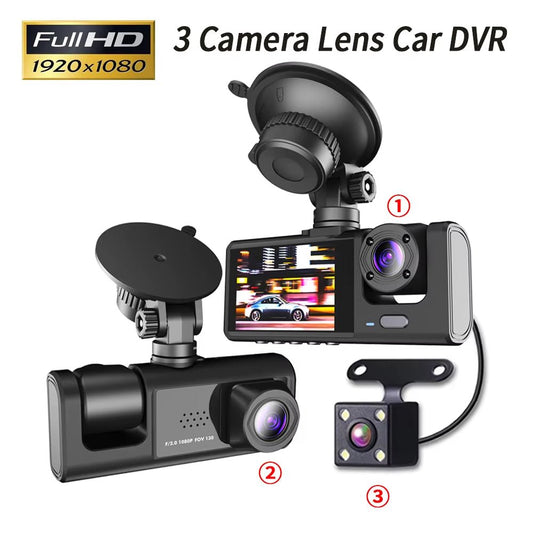 3-Channel HD 1080P Car DVR with Triple Lens Dash Cam and Video Recorder