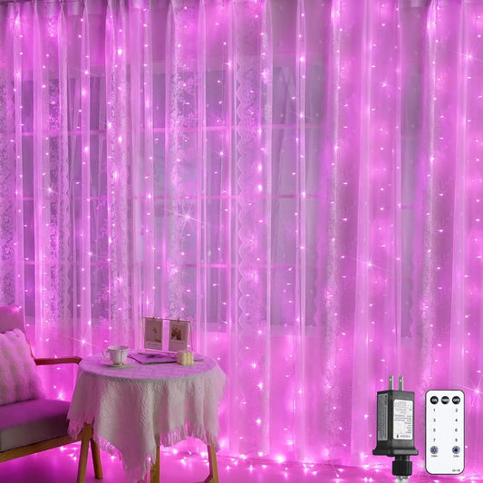 300 LED Pink Curtain Lights - Indoor Decorative String Lights for Bedroom, Window, and Party Backdrop - 8 Lighting Modes, 9.8x9.8 Ft, Ideal for Christmas and Valentine's Celebrations