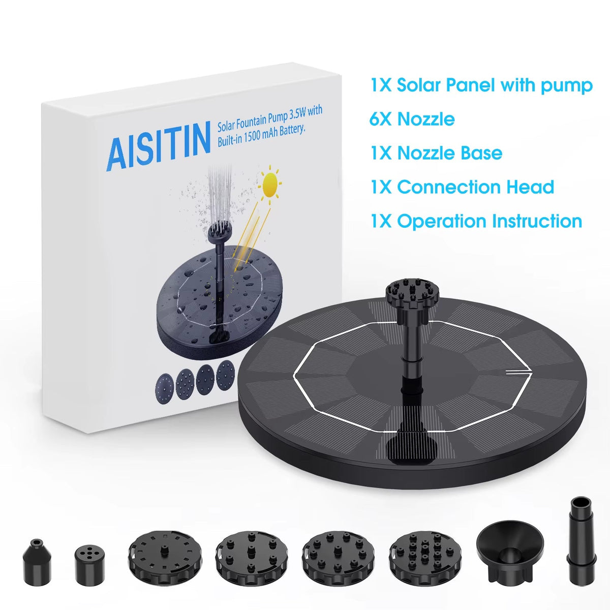 Solar Floating Fountain Pump, 3.5W and Built-In 1500Mah Battery, with 6 Nozzles, for Bird Bath - ReallyCoolChit.com