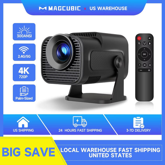 HY320 Mini Native 720P Projector with Android 11, 4K Capability, 300 ANSI Lumens, WiFi 6, Bluetooth 5.0, and 180° Rotatable Design for Outdoor Cinema