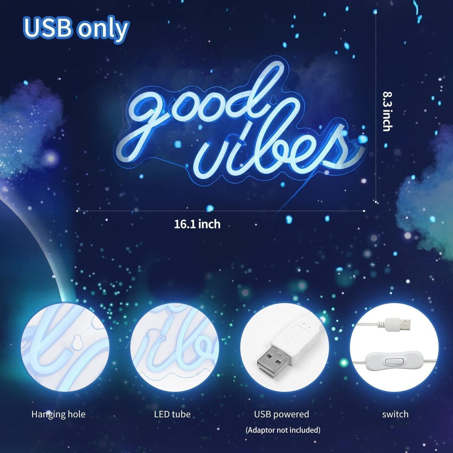 USB-Powered Good Vibes Neon Sign for Bedroom Wall Decor, Ice Blue, 16.1" x 8.3" x 0.6