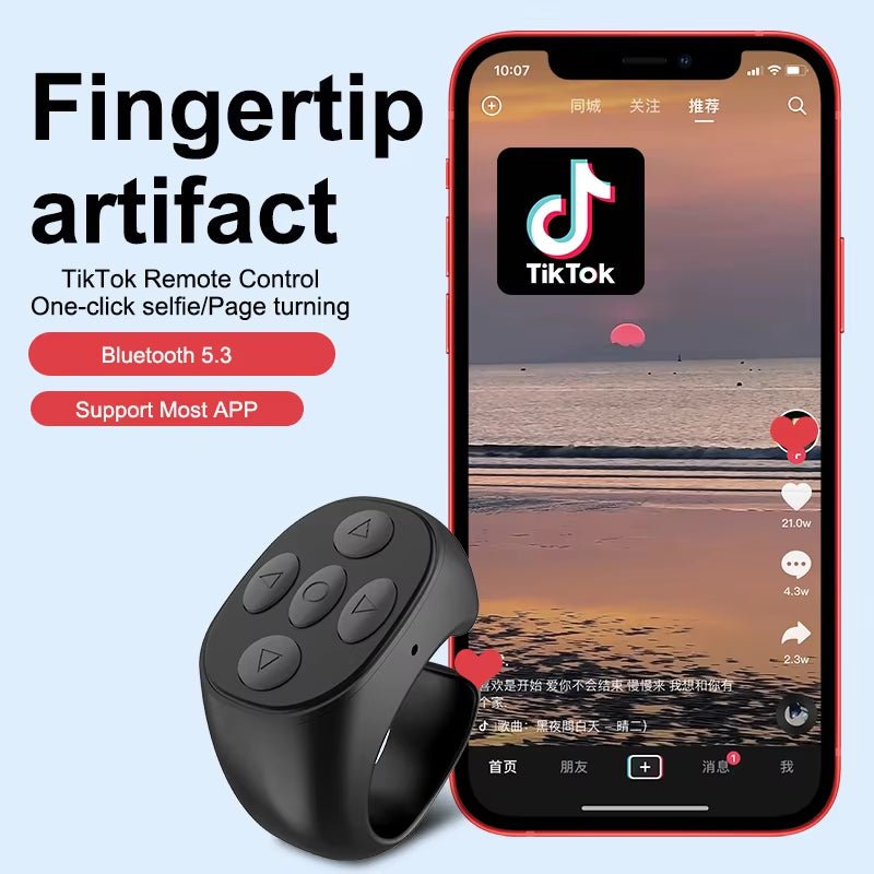 2025 Bluetooth TikTok Remote Control Ring - Fingertip Selfie Controller with 4 Buttons, 10M Range for iPhone and Xiaomi
