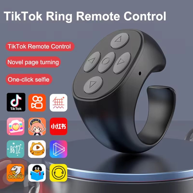 2025 Bluetooth TikTok Remote Control Ring - Fingertip Selfie Controller with 4 Buttons, 10M Range for iPhone and Xiaomi