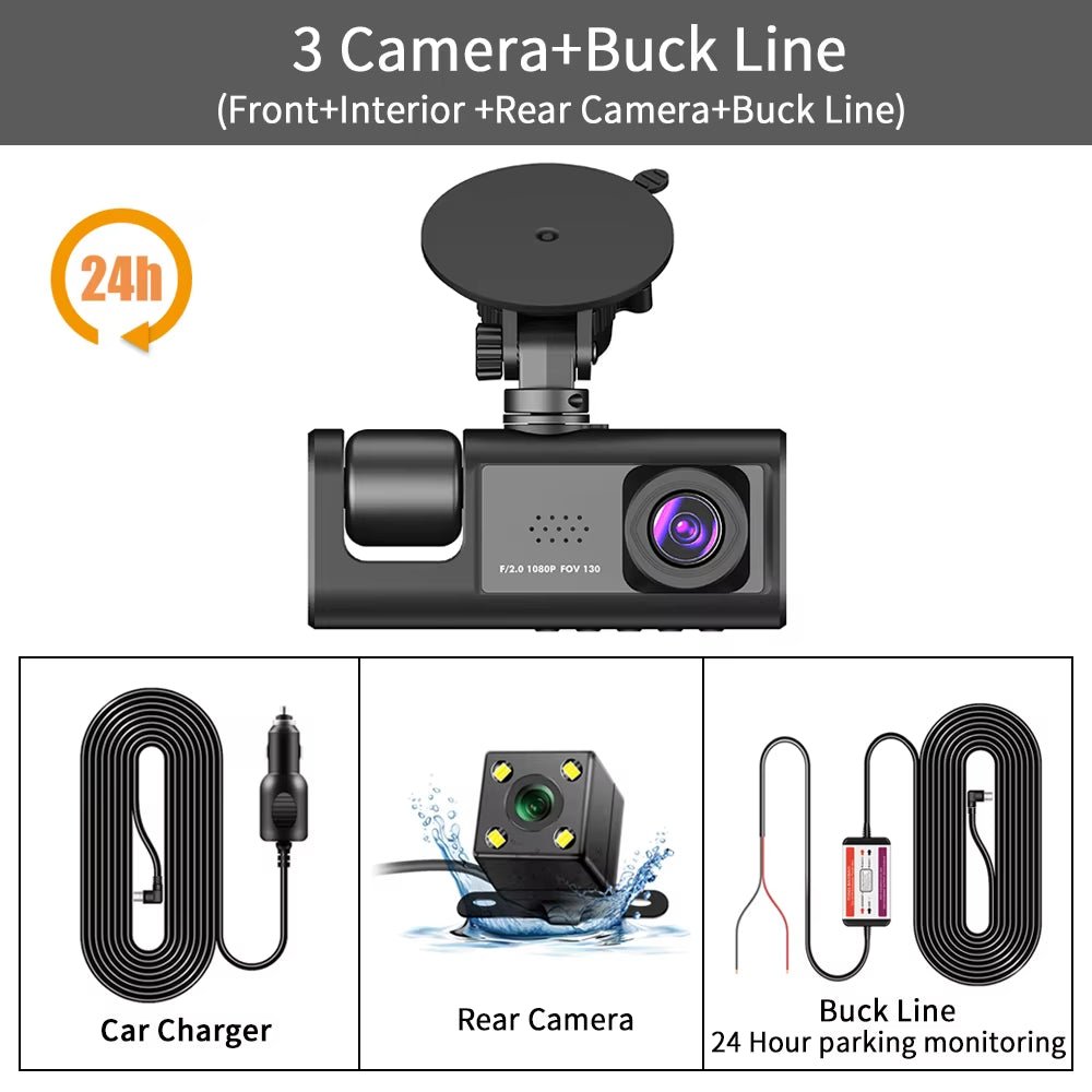3-Channel HD 1080P Car DVR with Triple Lens Dash Cam and Video Recorder