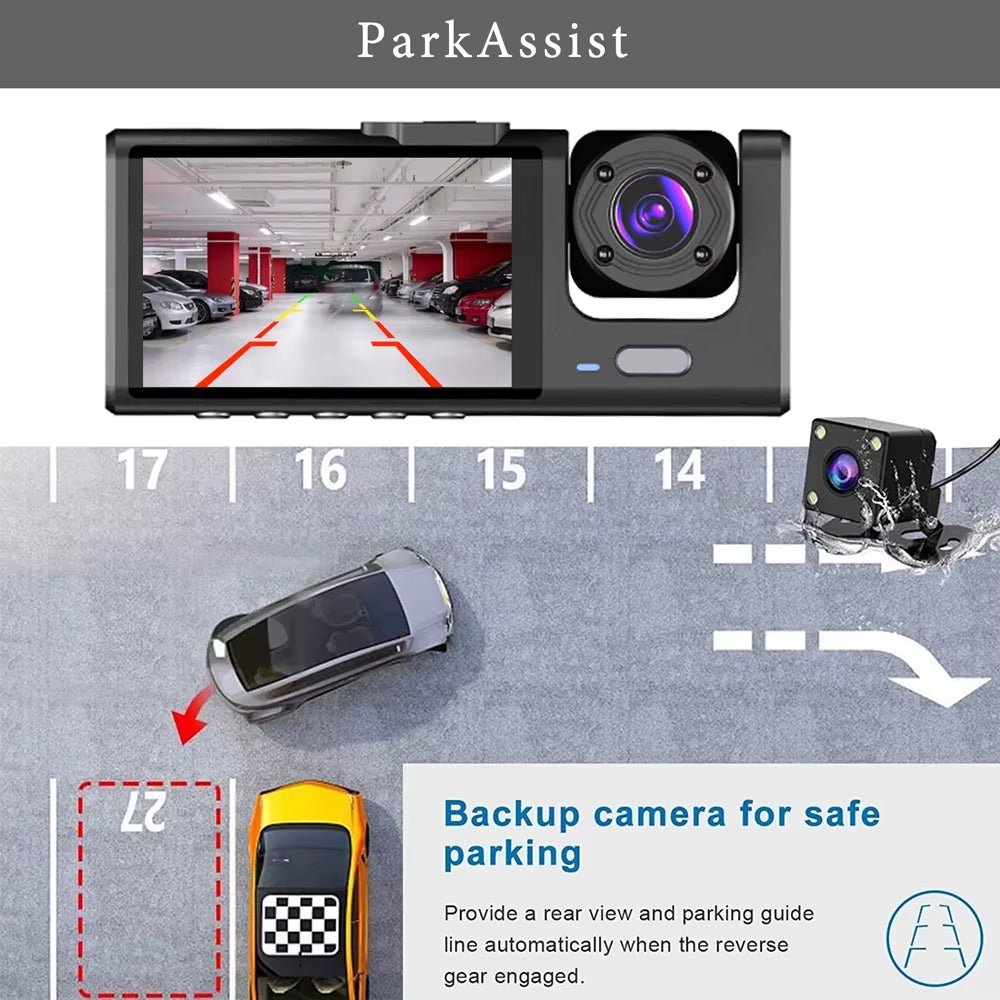 3-Channel HD 1080P Car DVR with Triple Lens Dash Cam and Video Recorder