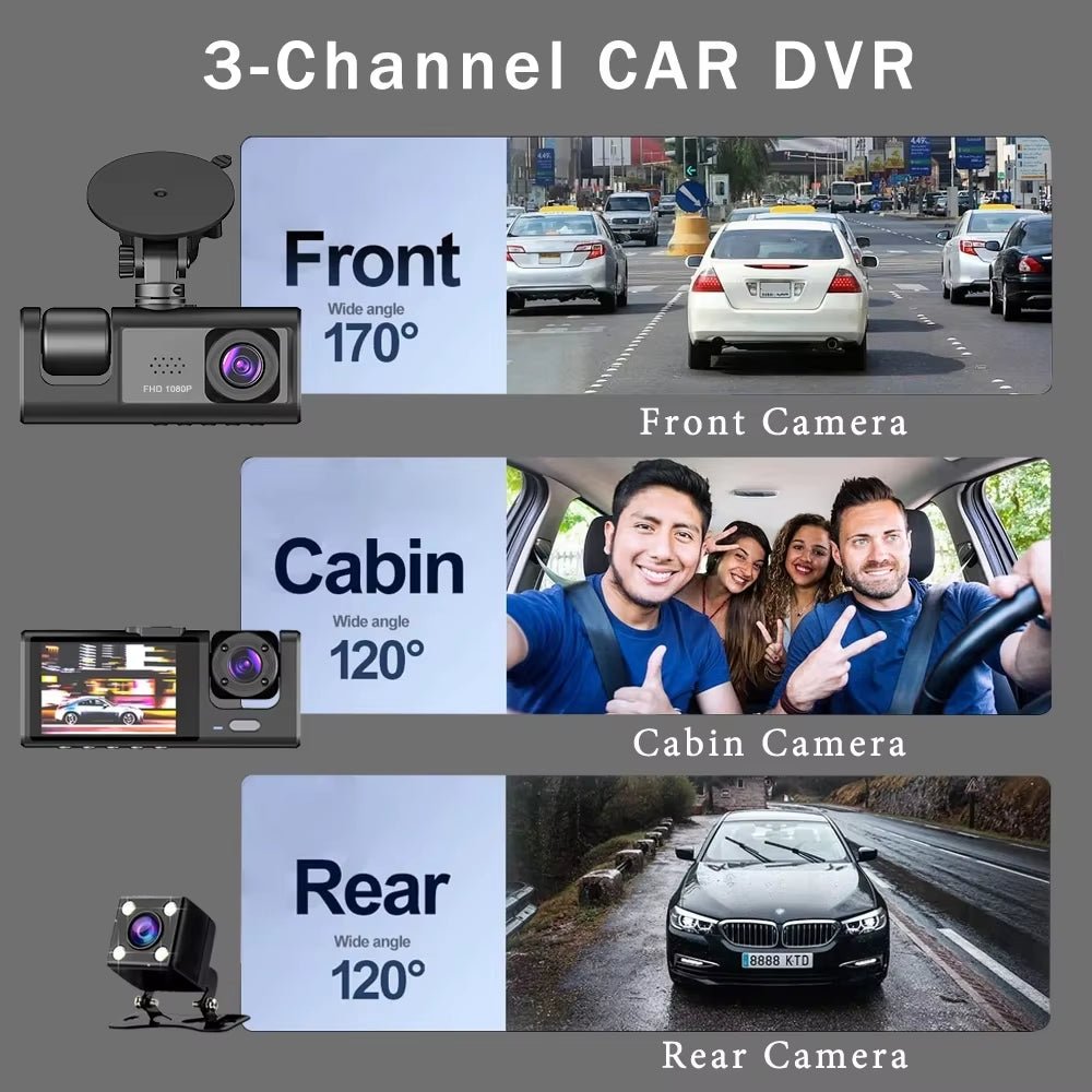3-Channel HD 1080P Car DVR with Triple Lens Dash Cam and Video Recorder