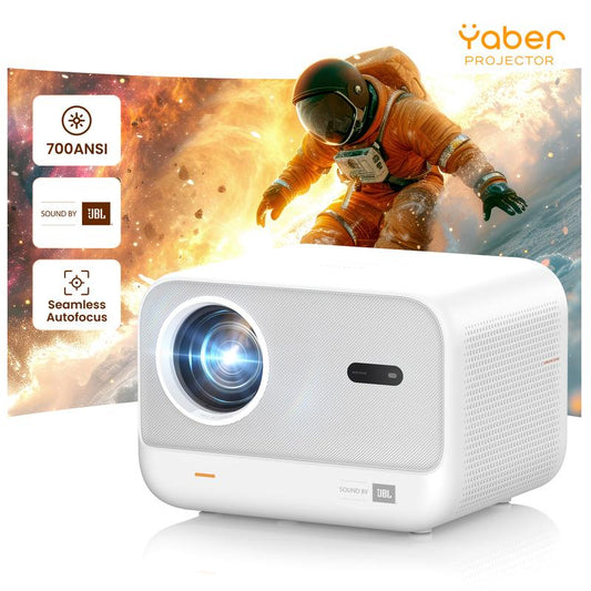 Yaber 1080P Projector with JBL Sound, Wifi 6, and Bluetooth - Portable Outdoor and Home Theater Projector with Seamless Autofocus for iPhone, TV Stick, HDMI, USB, Laptop, PS5 - White