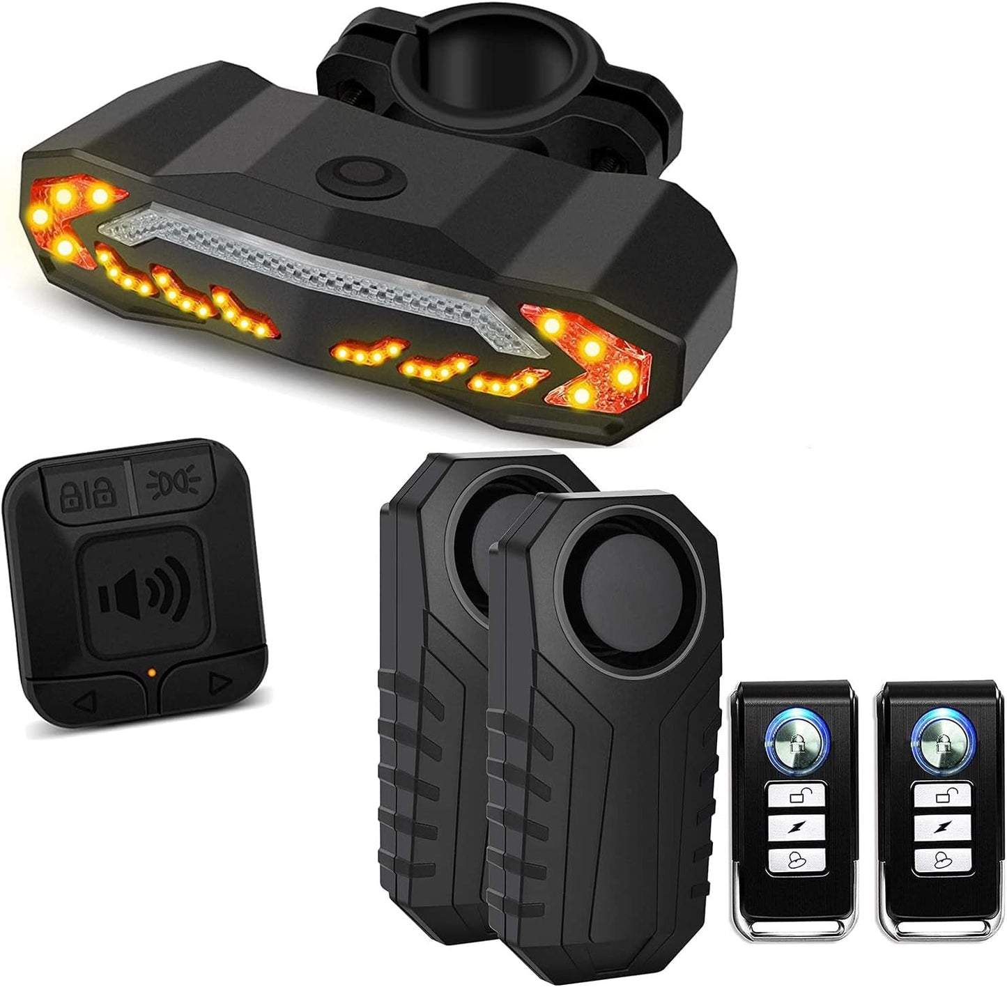 Dual Pack Vibration - Sensing Bicycle Alarm System with Remote Control and High - Visibility Smart Tail Light Featuring Turn Signal Indicators - ReallyCoolChit.com