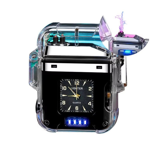 Transparent Dual Arc Plasma Waterproof Lighter Watch with Rechargeable USB Flashlight - Flameless Windproof Lighter for Outdoor Camping