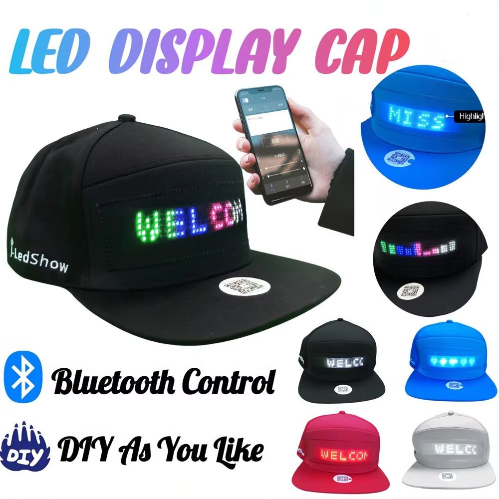 Unisex Baseball Cap USB Rechargeable Bluetooth APP Programmable LED Scrolling Message Display Board Hat - ReallyCoolChit.com