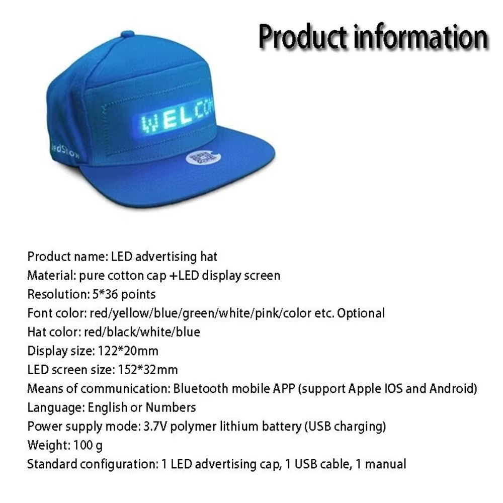 Unisex Baseball Cap USB Rechargeable Bluetooth APP Programmable LED Scrolling Message Display Board Hat - ReallyCoolChit.com