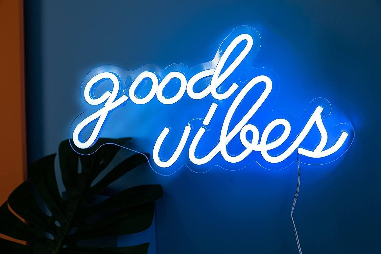USB-Powered Good Vibes Neon Sign for Bedroom Wall Decor, Ice Blue, 16.1" x 8.3" x 0.6